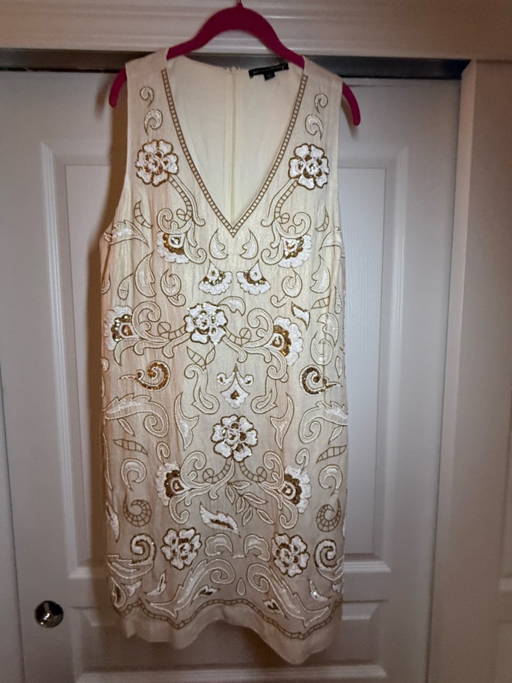 Boston Proper Ivory Embellished Shift Dress with Gold Trim
